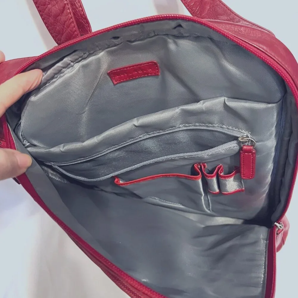 Levenger Red Leather Crossbody I pad/Small Laptop Bag/Purse-Pockets-Adjust Strap